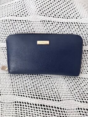 Furla Navy Blue Saffiano Leather Long Babylon Zip Around Wallet